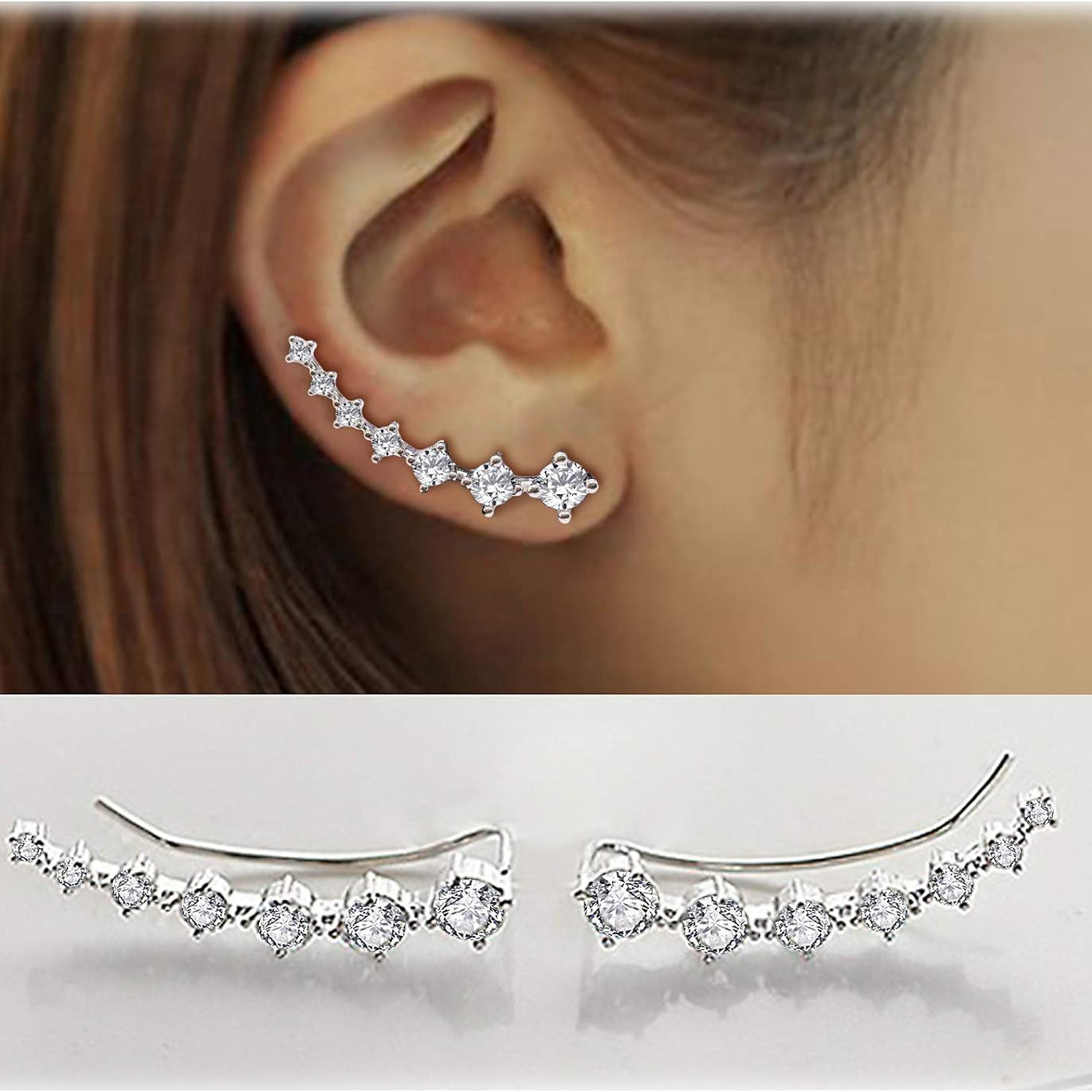1 pair Earring for Women Cartilage 7 Crystals Ear Cuffs Hoop Climber S925 Sterling Silver Earrings with Cubic Zirconia CZ Hypoallergenic Piercing Gifts for Her